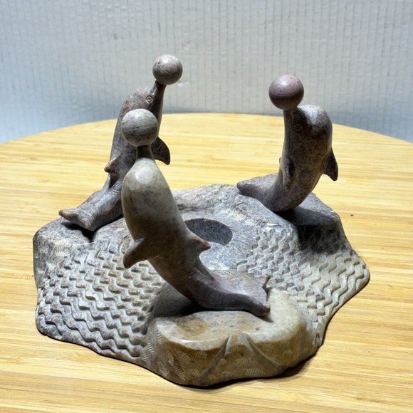 🕯️ Carved Soapstone (3) Dolphin's Candle Holder Sculpture Decor - Picture 4 of 12